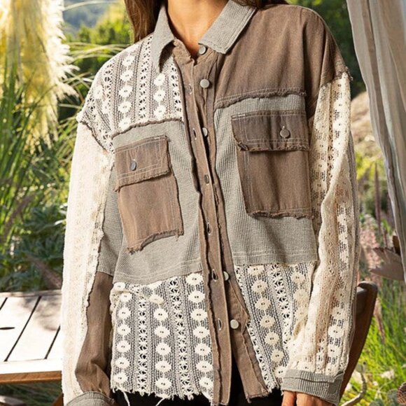 024 POL Oversize Lace Crochet Button Down Shirt/Dusty Grey NEW Size Large - Picture 1 of 2